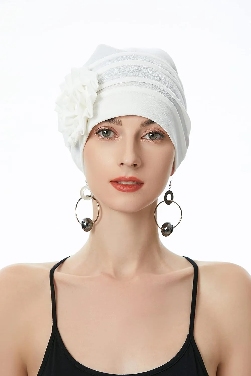ZLYC Women Turban Beanie Hat with Flower Chemo Headwear Elastic Head Wrap Cap
