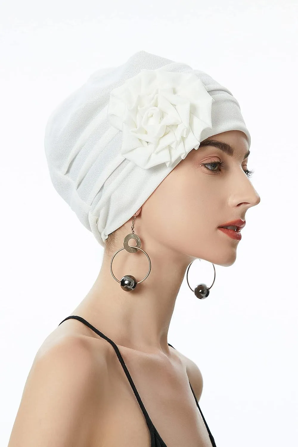 ZLYC Women Turban Beanie Hat with Flower Chemo Headwear Elastic Head Wrap Cap